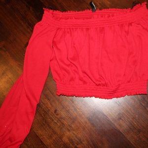Off the shoulder, red, cinched long sleeve top! Dress up or down 👼